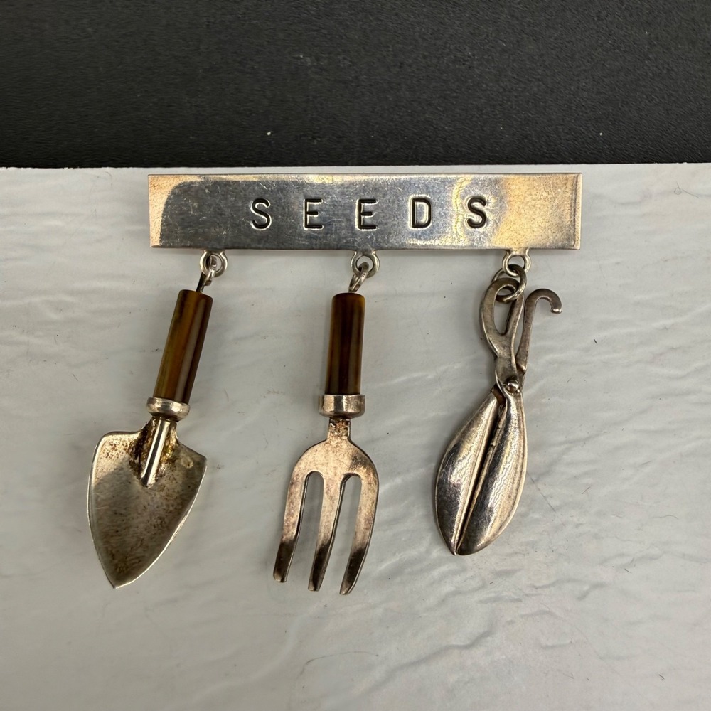 Vintage GFMW Gardening Brooch Silver Seeds Shovel Fork Shears Dangle